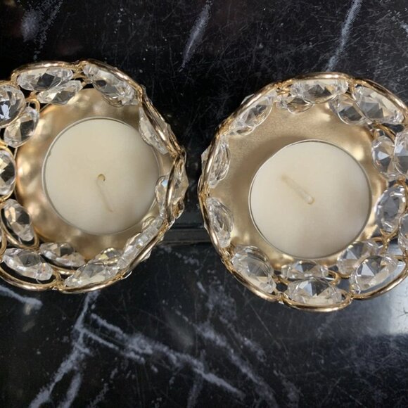 2 Tea Light Candle Holders Acrylic Beads Gold tone Metal 2 1/2" x 1 3/4" - Picture 3 of 5